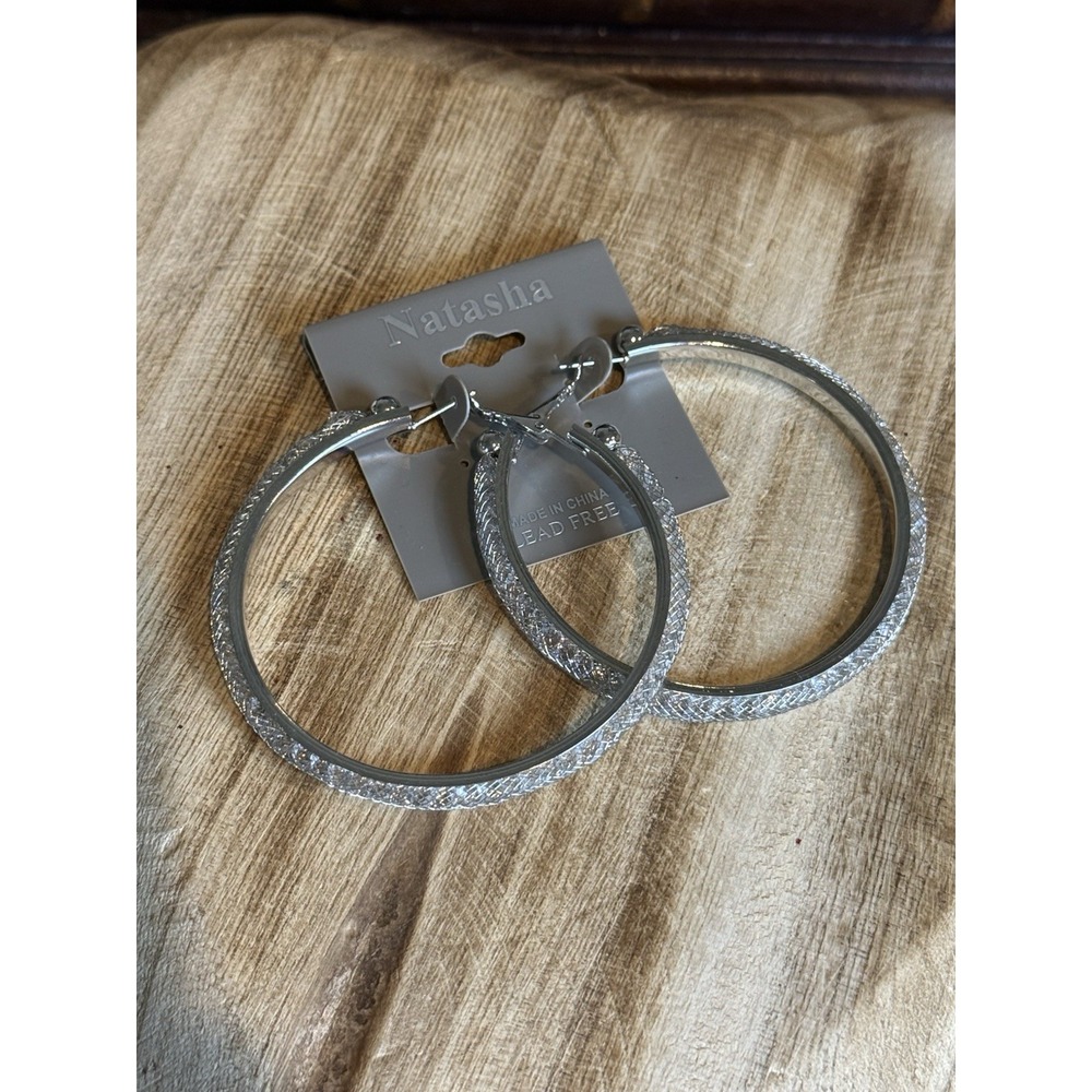 NEW Natasha Silver Tone Textured Hoop Earrings Lead Free‎ 2" Large